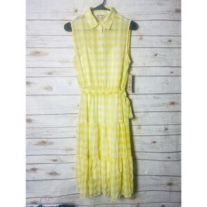 Nanette Lepore Yellow Checkered Sleeveless Button Front Tie Waist Midi Dress
